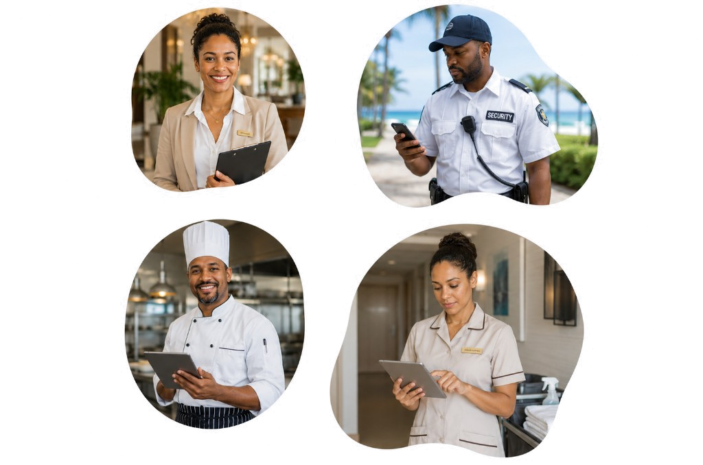 Caribbean hospitality teams: manager, security, chef, and housekeeping using CaribSafe tools