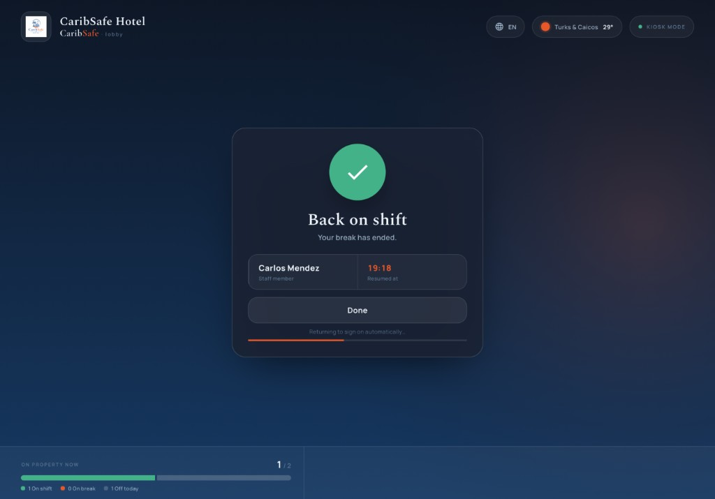 CaribSafe Kiosk break ended, back on shift confirmation