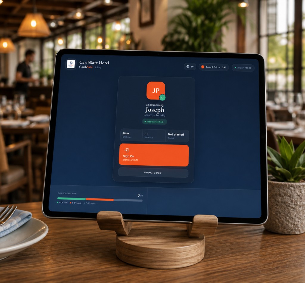 CaribSafe Kiosk on a tablet in a restaurant, staff sign-on screen