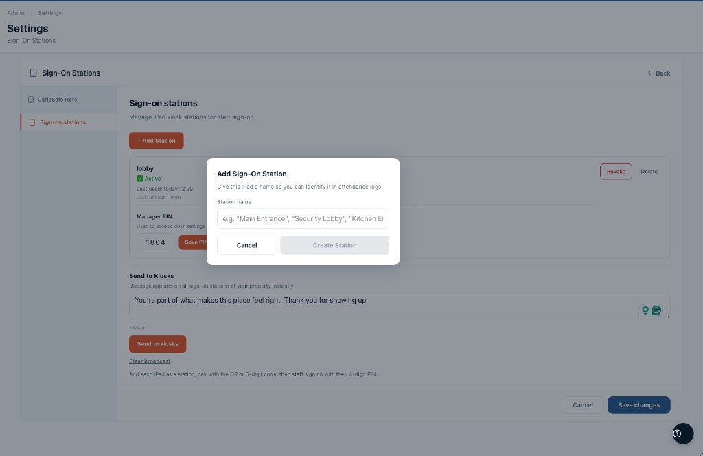 CaribSafe Portal Sign-on Stations settings